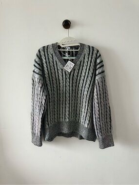 Loewe Gray and Black Cable Knit Sweater with Leather Logo Patch